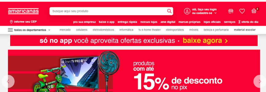 Site da Americanas.com. Uma das maiores lojas online brasileira, são milhares de produtos em mais de 40 categorias.