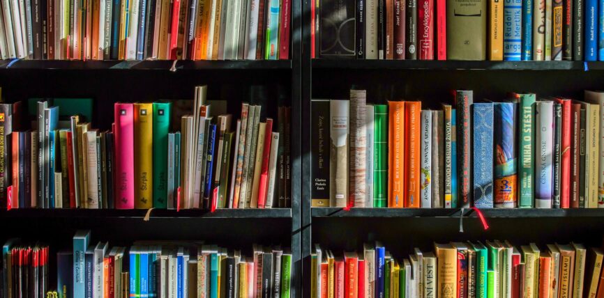 books in black wooden book shelf