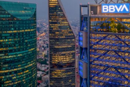 aerial view of illuminated skyscrapers in downtown mexico city mexico