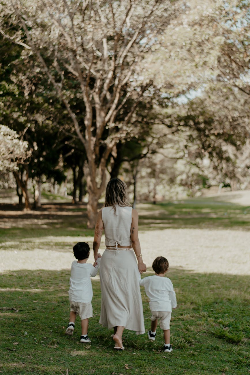 mother and children walking in a park