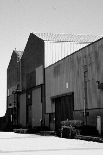 industrial building facade in black and white