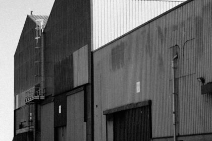 industrial building facade in black and white