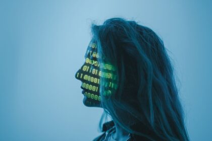 a woman with number code on her face while looking afar
