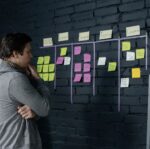 man standing in front of a wall with sticky notes in an office and thinking