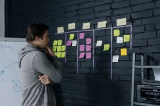 man standing in front of a wall with sticky notes in an office and thinking